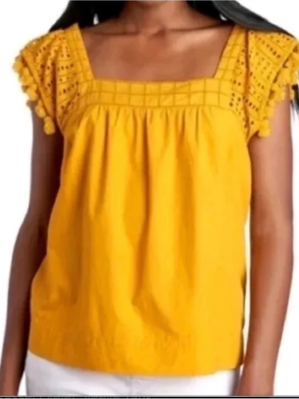 J Crew Yellow Crochet-Trim Square Neck Women's Top